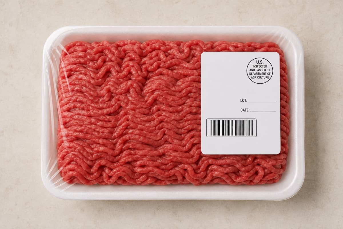 Representative tray of ground beef with a retail label