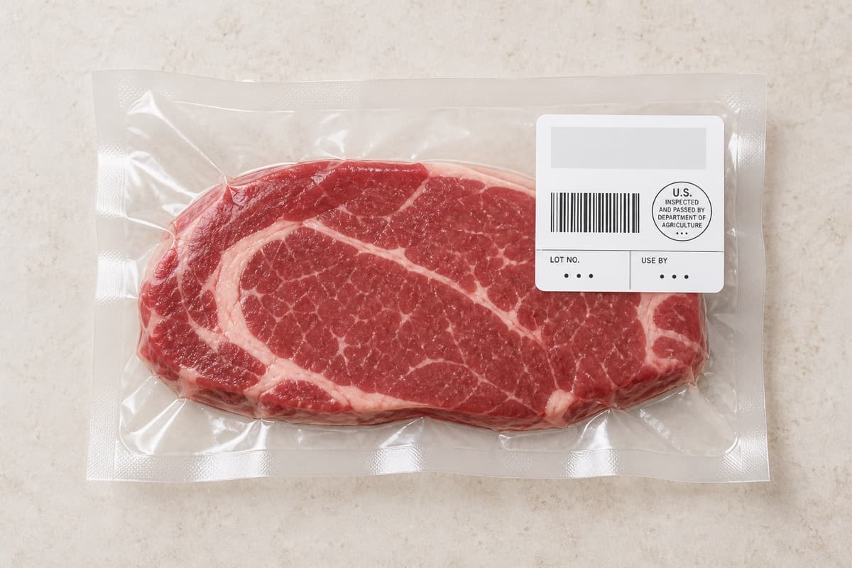 Representative vacuum-sealed steak with a retail label