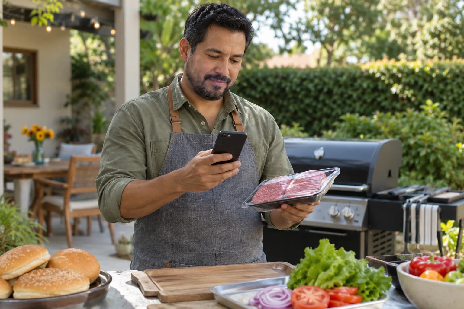 Illustration of a father checking a packaged food with his phone before a backyard barbecue