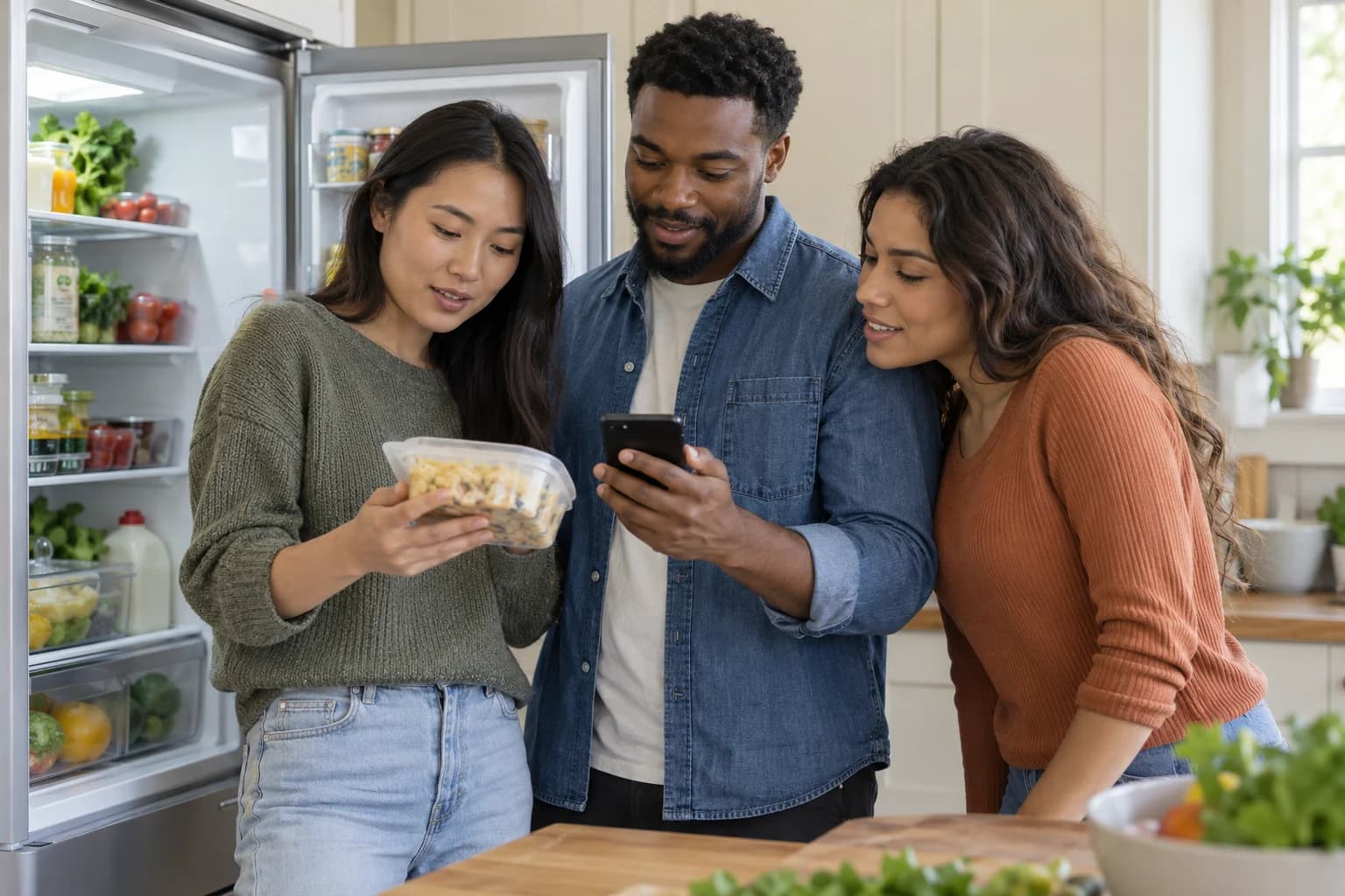 Illustration of diverse friends checking a food package together beside their open fridge