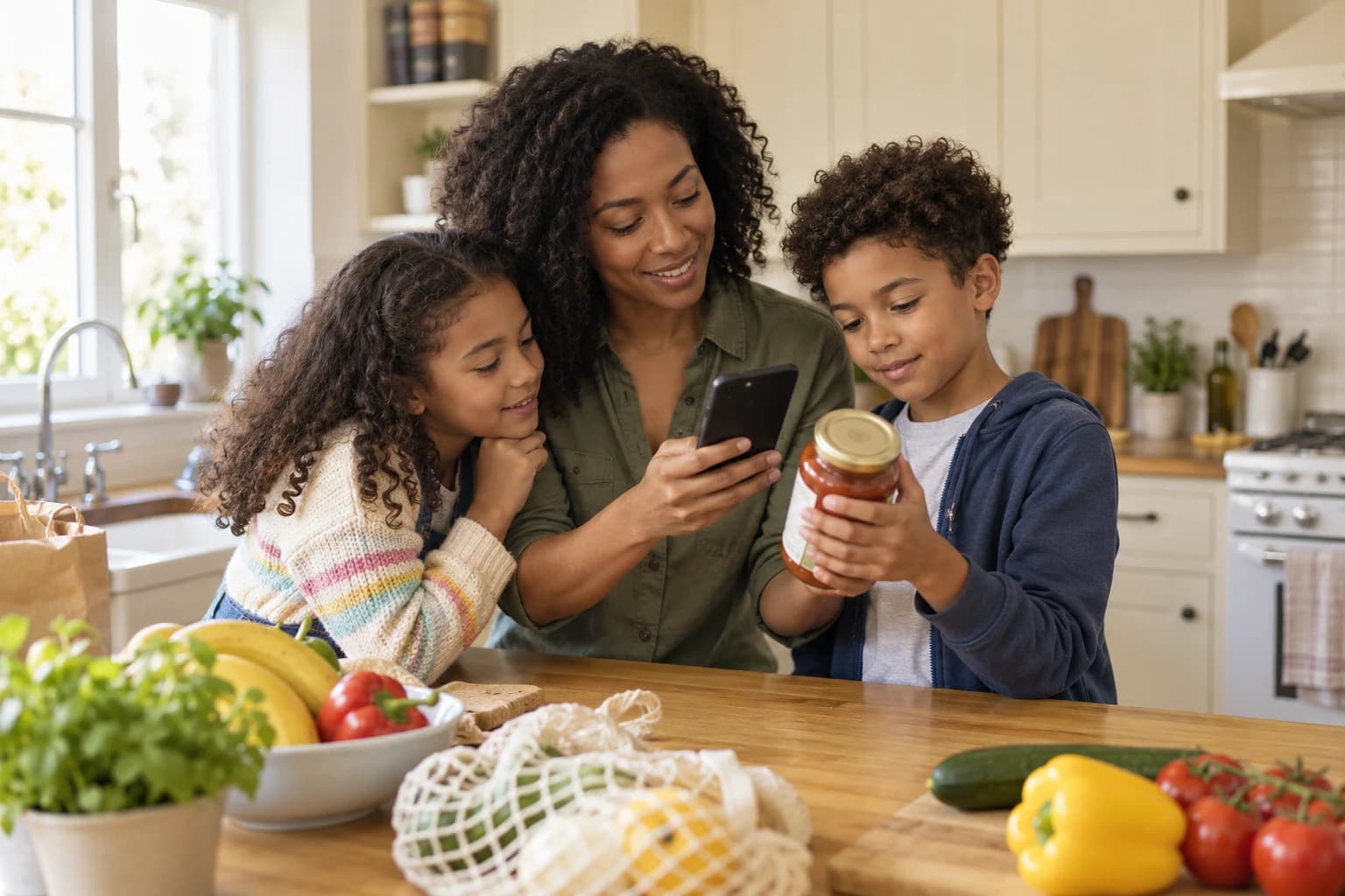 Illustration of a mother, son and daughter checking a food package in their home kitchen